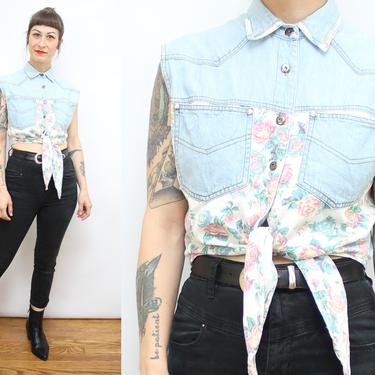 Vintage 90's Blue Denim Rose Floral Cropped Top / 1990's Cotton Crop Tie Blouse / Spring Summer / Women's Size Small Medium by Ru