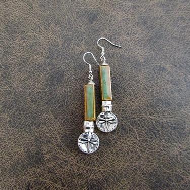 Bohemian earrings, etched silver and ceramic earrings, chic earrings, unique artisan earrings, boho earrings, rustic green dragonfly earring 