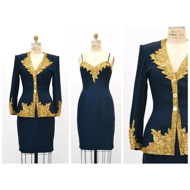 STUNNING 90s Vintage Silk Beaded Jacket and Dress by FABRICE New York Couture Gold Navy Blue Silk Cocktail Suit Jacket Strapless Dress Small 