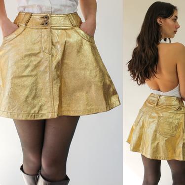 Vintage 90s Y2K MOSCHINO JEANS Metallic Gold Leather Mini Skirt w/ Heart Pocket | Made in Italy | 1990s 2000s Designer Flared Leather Skirt 