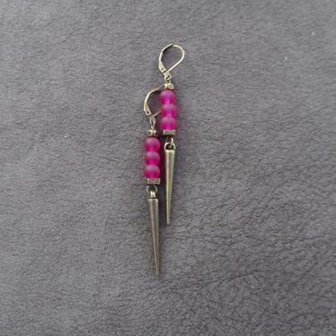 Sea glass earrings, hot pink earrings, bohemian earrings, beach earrings, bold boho earrings, antique bronze earrings, ethnic earrings 