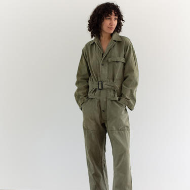 Vintage Green Herringbone Twill Belted Coverall | Army Jumpsuit Flight Suit | Studio Boilersuit | M | GC004 