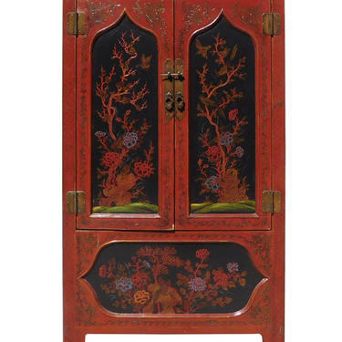 Chinese Red Black Flower Graphic Armoire Wardrobe Cabinet cs1327E 
