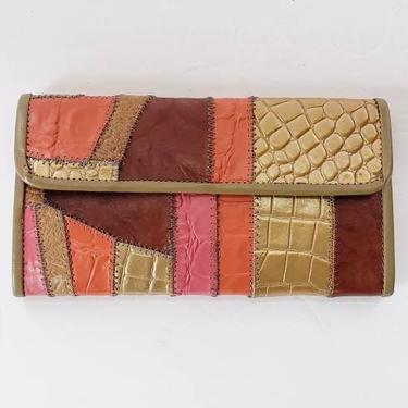 1970s Leather Patchwork Wallet Trifold / 70s Suede and Textured Leather Billfold Clutch Gold Orange Pink Brown Multicolored Funky / Bellamy 