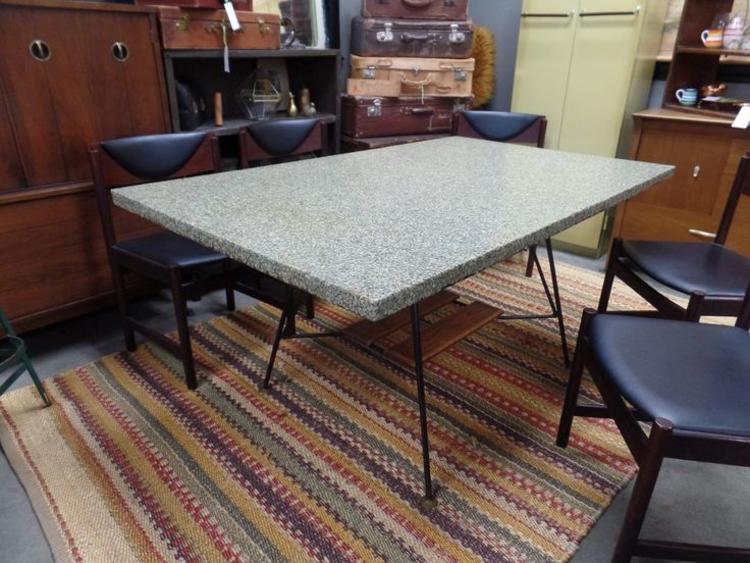 Mid-Century Modern dining table with hairpin leg base and resin cast stone. Peg Leg Vintage
