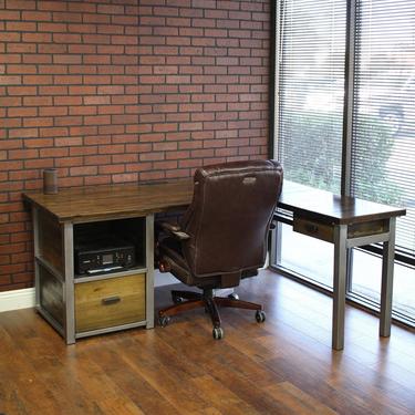 Rustic L-Shaped Desk w/ Cabinet and Shelf, Wood Butcher Top, steel legs / Handmade Cabinet / industrial / rustic office furniture 