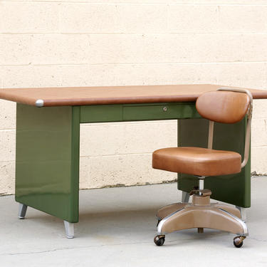 1940s Shaw Walker Panel Leg Tanker Table, Refinished in Army Green, Rare