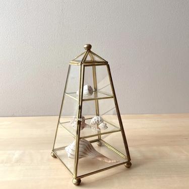glass and brass curio case - 3 tier obelisk for miniature collectibles 