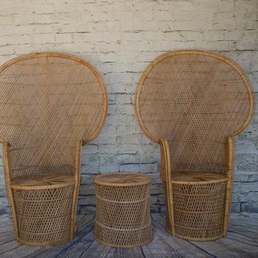 SHIPPING NOT FREE!!! Set of 2 Vintage Peacock Chairs/Wicker High Back Fan Chairs/ Wedding Chairs with side table/ Perfect Condition! 
