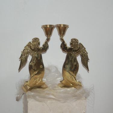 Pair (2) Beautiful Carnevale 14&amp;quot; tall Solid Brass Christmas Angel Candle Holders ~ Lovely 14&amp;quot; Pair of Brass Angels / Cherubs Candle Holders 