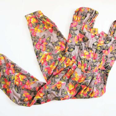 Vintage 90s Tropical Jumpsuit M - 1990s Hibiscus Floral Hawaiian Jumpsuit - Womens Pink Yellow Jumpsuit - 90s Vacation Clothing Long Romper 