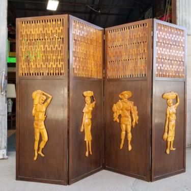 Folding Screen Room Divider With Carved Polynesian Figures 