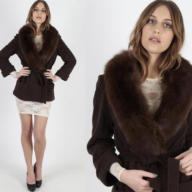 Vintage 70s Blassport Wrap Jacket Brown Fox Fur Collar Coat 1970s Bill Blass Designer Wool Boucle Belted Trench Cropped Jacket 
