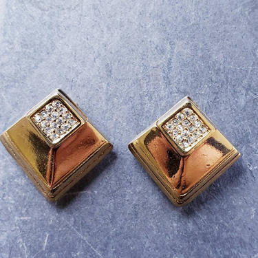 1990s Christian Dior Gold & Rhinestone Earrings Clips / 80s 90s Gold Clip On Designer Earrings Beveled Diamonds / Martina 