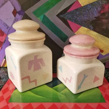 Vintage Southern Style 90s Memphis Design Canister Set of 2. Geometric Design, 90s Nostalgia, 80s Style, Ceramic Canisters, Flos Ceramics 