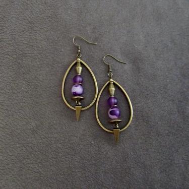Bronze hoop earrings, bohemian earrings, rustic boho earrings, artisan ethnic earrings, tear drop hoop earrings, purple beaded earrings 