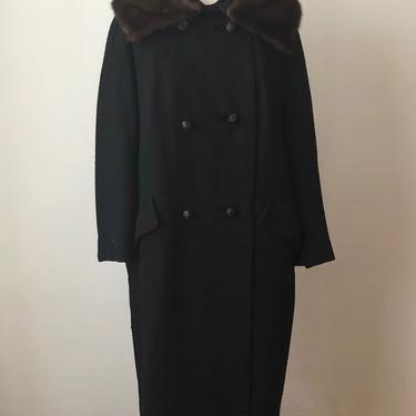 Black Double-Breasted Wool Coat with Dark Brown Mink Collar - 1960s 