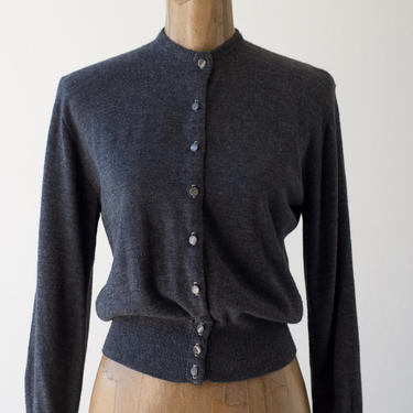 50s Vintage Dark Gray Cardigan by Lerner Shops &quot;Aristocrat&quot; 100% Bonavised Orlon Knit Sweater Charcoal Fitted Waist Mother of Pearl Buttons 