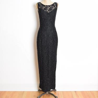 vintage 90s dress black lace beaded sequin backless prom evening gown long dress M medium clothing 