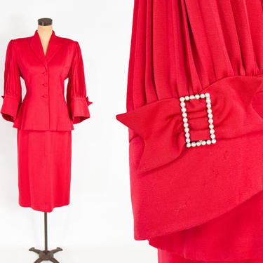 1940s Red Wool Suit | 40s Red Gabardine Wool Suit | Lilli Ann | Medium 