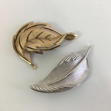 Vintage Trifari Pin Jewelry Set of Two (2) Brooch Silver Gold Jewelry Bridal Style Leaf Leaves Feather Feathers Costume Jewelry 