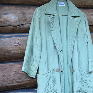 Vintage Satin Quilted Robe Glam Dressing Gown Boho Quilted Satin Long Jacket Sweater Coat Jacket Dressing Gown Mint Green Gold Thread 