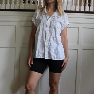 Vintage 80s White &amp; Blue Plaid Patterned Short Sleeve Button Up Shirt Women's Size M L 