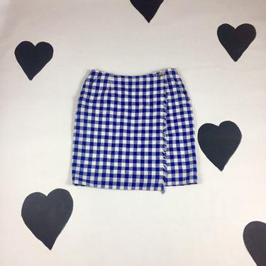 90's high waist picnic plaid fringed wrap skirt 1990's hourglass pinup Lizsport blue purple gingham checkered cotton pockets summer skirt 14 
