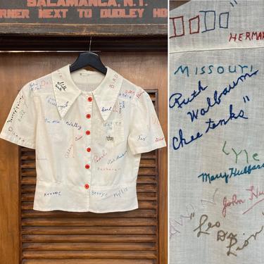 Vintage 1930’s Cotton Autograph Names Embroidery Blouse Shirt Top, 30’s Blouse, Vintage Signature Top, Vintage Clothing 