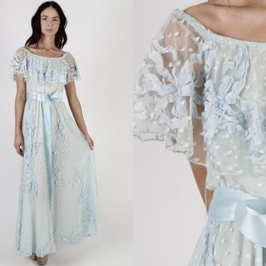 Lillie Rubin Lace Maxi Dress / Vintage 60s Light Blue Bridal Dress / White Swiss Polka Dot Prom Dress / Off The Shoulder Princess Dress 