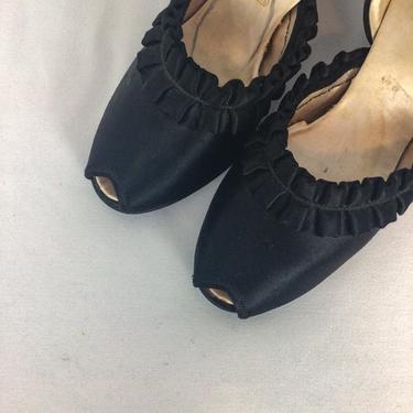 Vintage 50s satin slides | Vintage black satin peep toe slip on shoes | 1950s Daniel Green boudoir slippers 