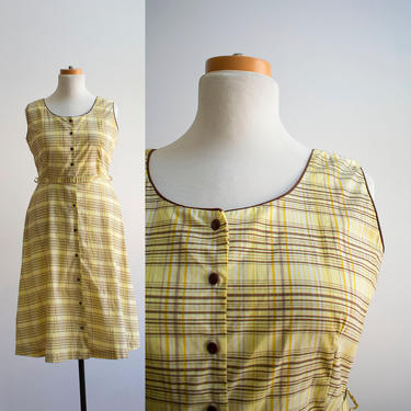 Vintage 1950s Yellow and Brown Plaid Dress / Vintage Cotton Farm Dress / Vintage 1950s Dress Medium / Plaid Summer Dress / Deadstock Vintage 