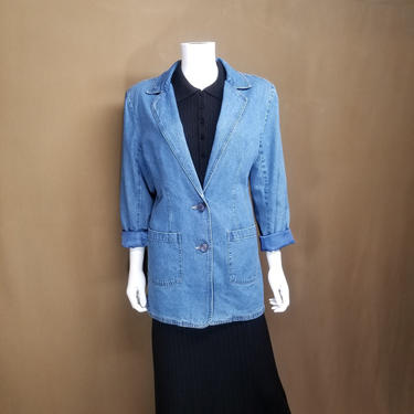 Vintage 90s Denim Blazer ~ Blue Denim Sportcoat ~ Jeans ~ Long Cut ~ Spring Jacket ~ Tapered Waist ~ Patch Pockets ~ Craft Paintable ~ M/L 