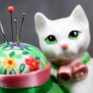 FOR CAT LOVERS! Cat Pin Cushion - Upcycled Vintage, Ceramic Cat & Yarn Turned Pin Cushion - Handmade | Free Shipping 