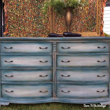 Bohemian Blue Dresser ~ Rustic Farmhouse Dresser ~ Shabby Chic Dresser ~  Bohemian Chic Dresser - Vintage Serpentine Dresser 