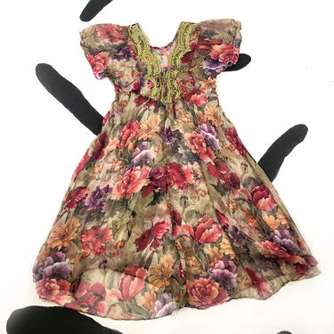 90s Sheer Floral Watercolor Print Short Sleeve Full Skirt Dress / Midi Dress / Grunge / XL / XXL / Romantic / See Through / Sage Green / 