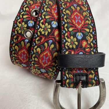 60’s vintage colorful embroidery belt~ textile woven design~ mod buckle~ boho hippie~ folk art~ women’s Med 
