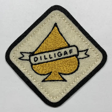 Handmade / hand embroidered black &amp; off white felt patch - yellow DILLIGAF spade - vintage style - traditional tattoo flash 