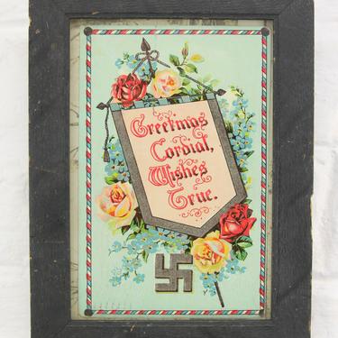 Framed 1910s Postcard &amp;quot;Greetings Cordial, Wishes True&amp;quot; with Whirling Logs Motif 