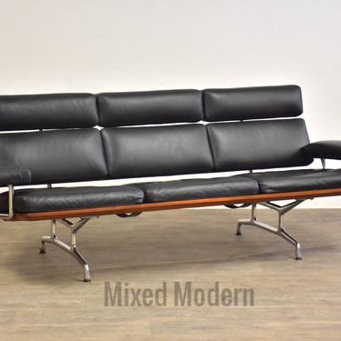 Eames Black Leather And Teak Sofa for Herman Miller 
