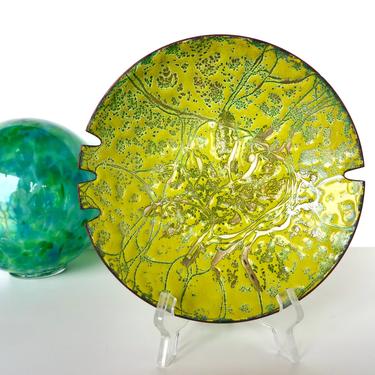 Vintage Bright Yellow Copper Enamel Bowl, Mid Century Modern Abstract Art Enamel Ashtray, 7&quot; Decorative Enamel Catch-All Dish 