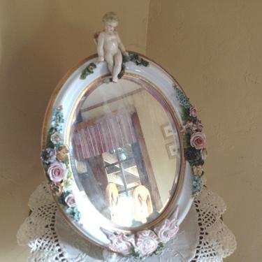 Lovely Oval Antique Continental Porcelain : Sitzendorf Cherub Strut Mirror - C. 19th Century 