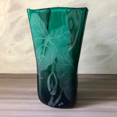 Blenko Green Carved Leaf design  Glass Paper Bag Vase by Don Shepherd 