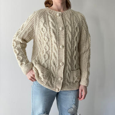 Vintage White Aran Irish Wool Fisherman Cardigan Sweater, L 