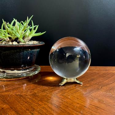 Vintage Clear Glass Orb, Crystal Ball, Paperweight, Shelf Filler, Gazing Ball - 3 Inches Wide, small Brass Stand, Home Decor 