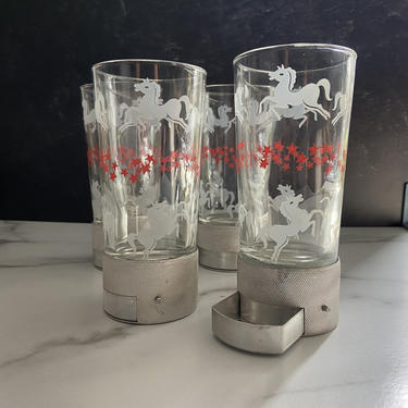 Retro Barware - highball glasses with white horses / red stars and  aluminum coasters with hidden ashtrays 