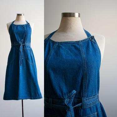 Vintage 1970s Denim Wrap Dress / Vintage Denim Dress / A line Dress / Denim Halter Dress / 1970s Denim Dress / Vintage Denim Dress 
