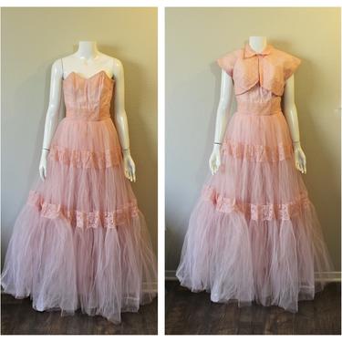 Vintage 1950s Gorgeous Strapless Pink Tulle Cupcake Prom Event Dress and matching jacket formal gown // US 2 4 xs s waist 26 to 27 