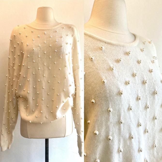 Vintage 80s Slouchy PEARL STUDDED ANGORA Lambswool Blend Sweater / Michelle Stuart / L 