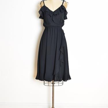 vintage 70s dress black ruffle faux-wrap disco sun dress S clothing 